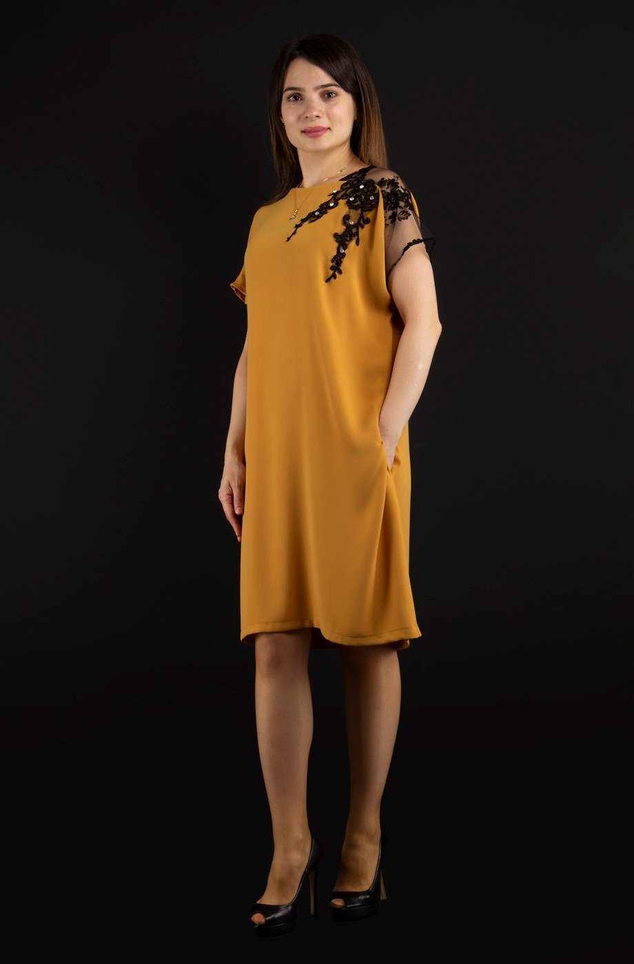 Shoulder Lace Rib Tie Plain Big Size Dress - Mustard