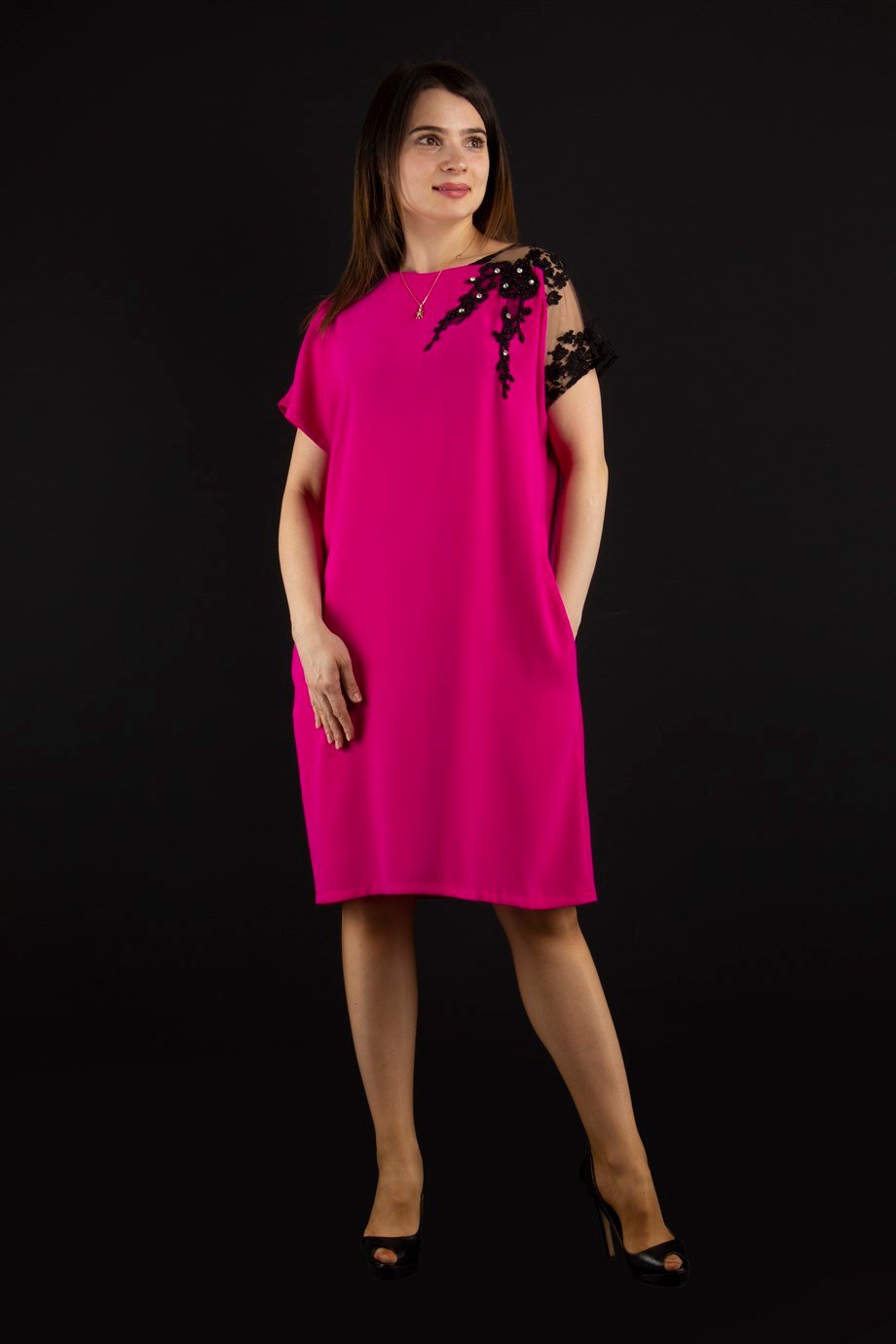 Shoulder Lace Rib Tie Plain Big Size Dress - Fuchia