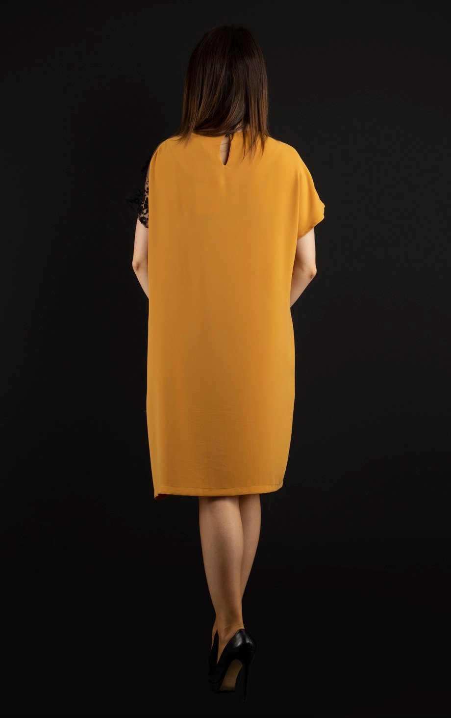 Shoulder Lace Rib Tie Plain Big Size Dress - Mustard
