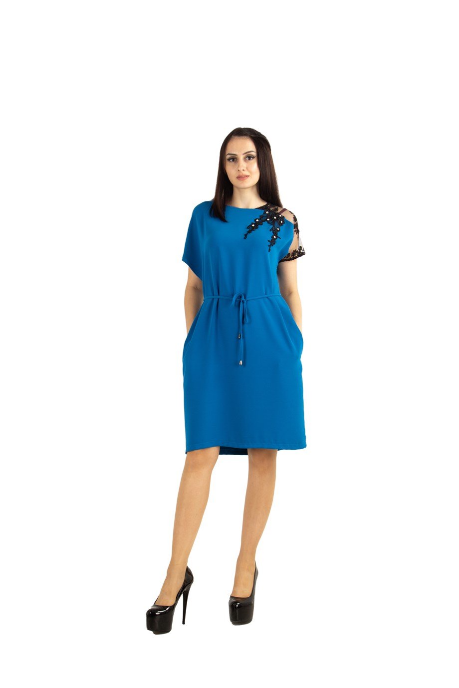 Shoulder Lace Rib Tie Plain Dress - Petrol