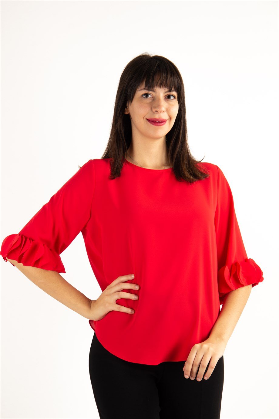 Sleeve Hem Ruffle Blouse - Red