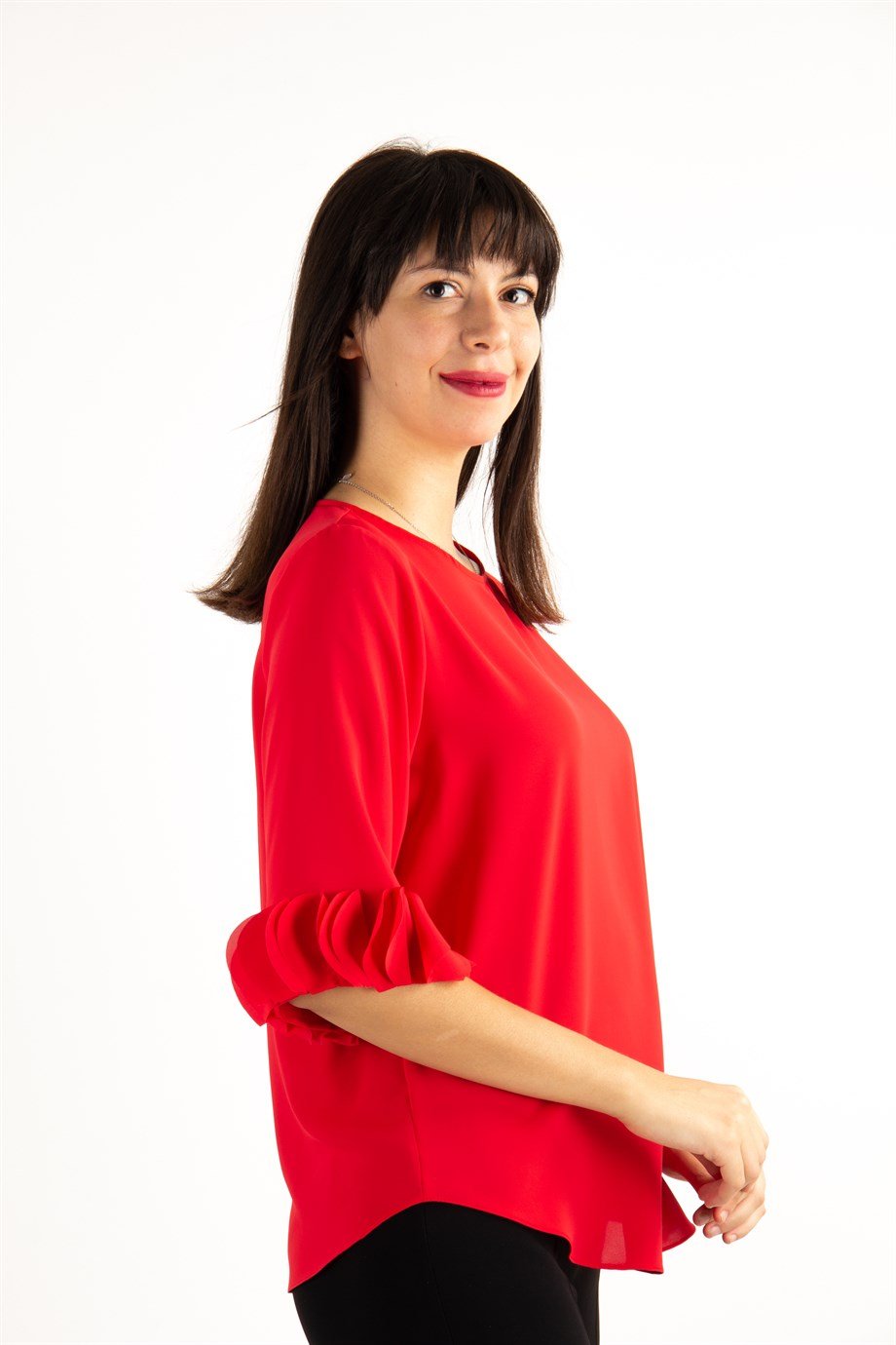 Sleeve Hem Ruffle Blouse - Red