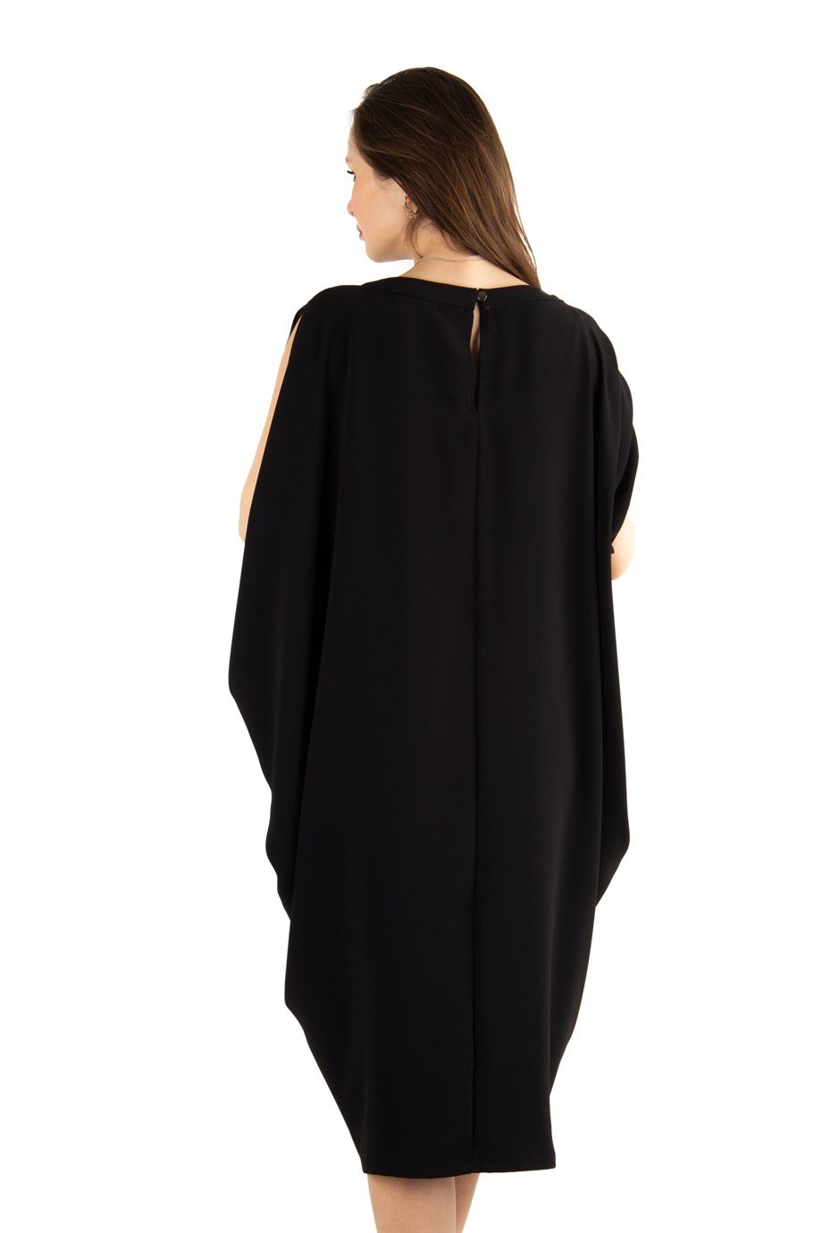 Sleeveless Batwing Draper Dress With Brooch - Black