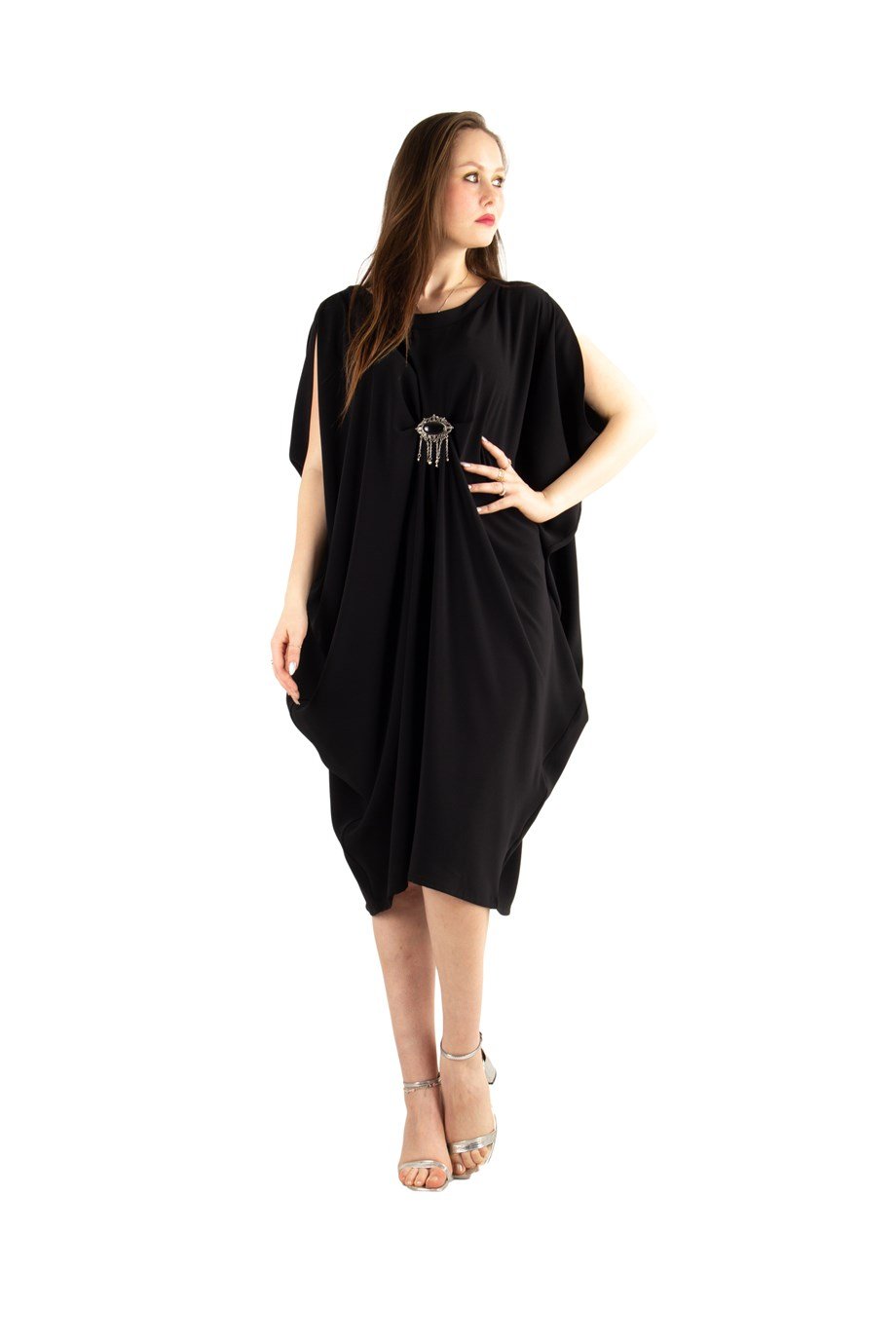 Sleeveless Batwing Draper Dress With Brooch - Black