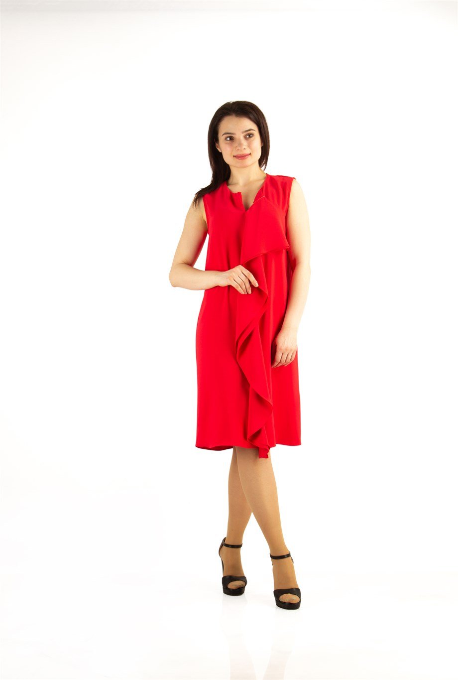 Sleeveless Draped Midi Dress - Red