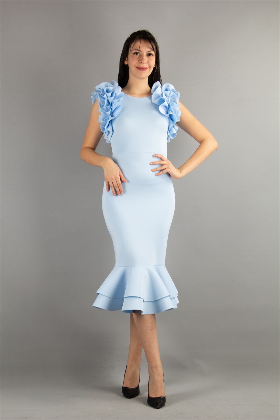 Sleeveless Frilled Scuba Dress - Baby Blue