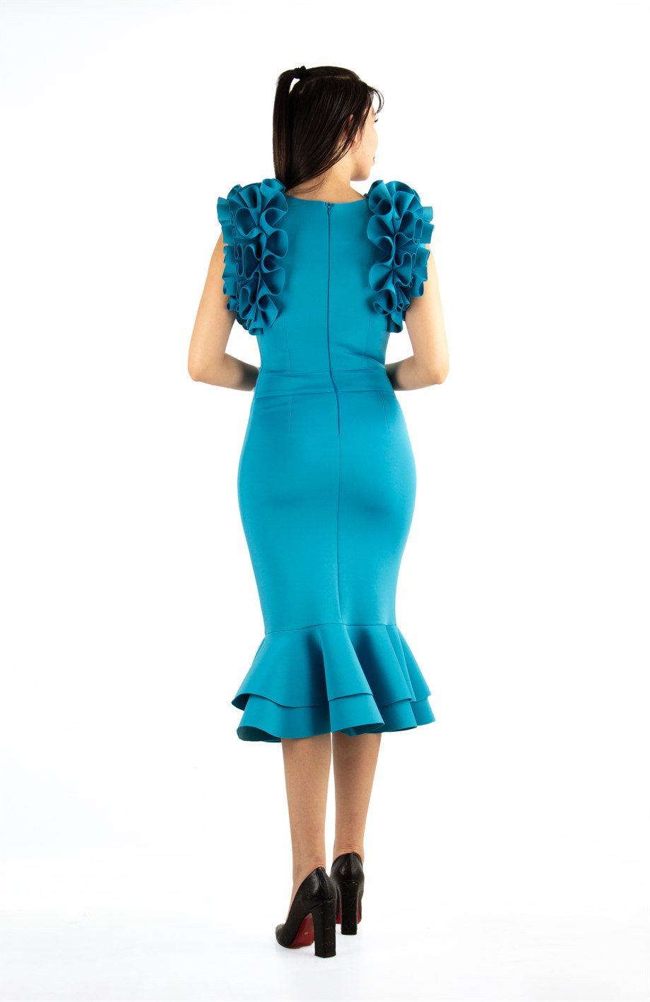 Sleeveless Frilled Scuba Dress - Petrol Blue