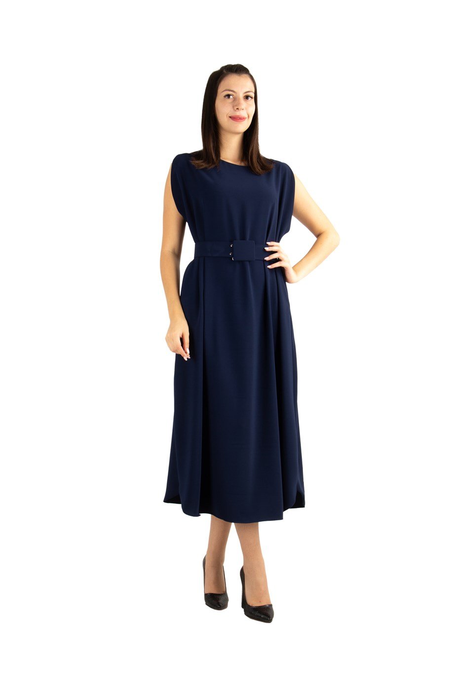 Sleeveless Long Big Size Dress With Belt - Navy Blue