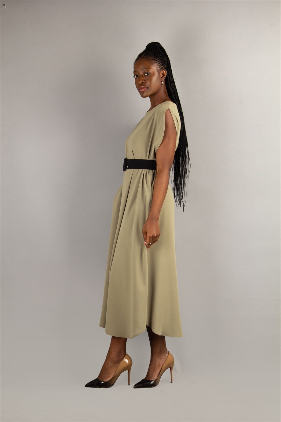 Sleeveless Long Big Size Dress With Belt - Olive Green
