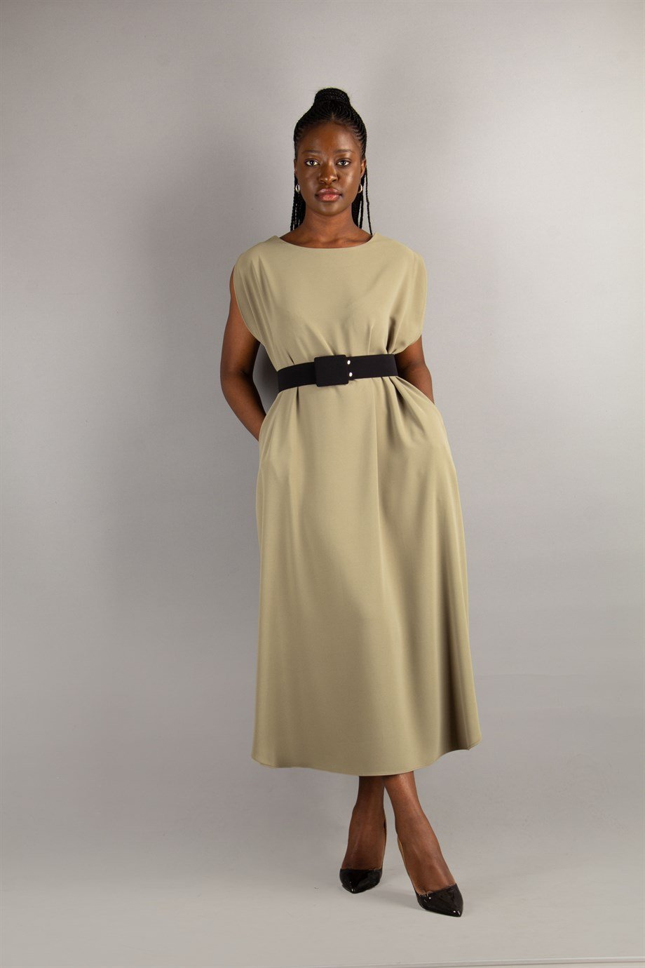 Sleeveless Long Big Size Dress With Belt - Olive Green