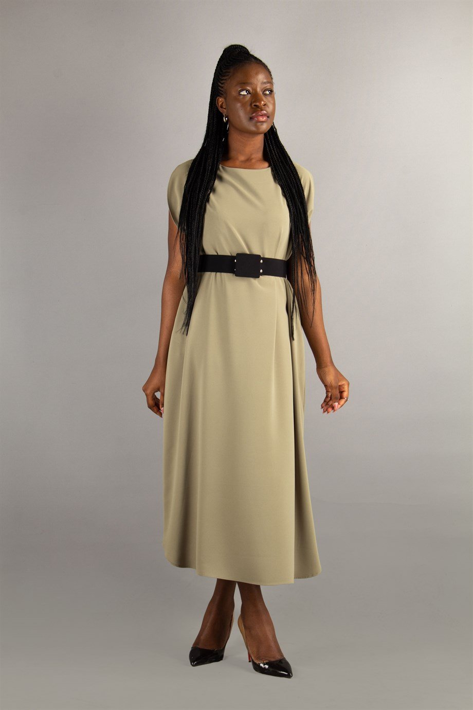Sleeveless Long Big Size Dress With Belt - Olive Green