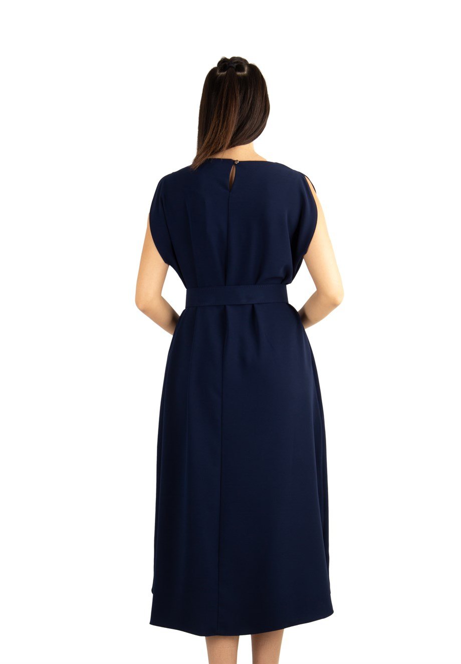 Sleeveless Long Big Size Dress With Belt - Navy Blue