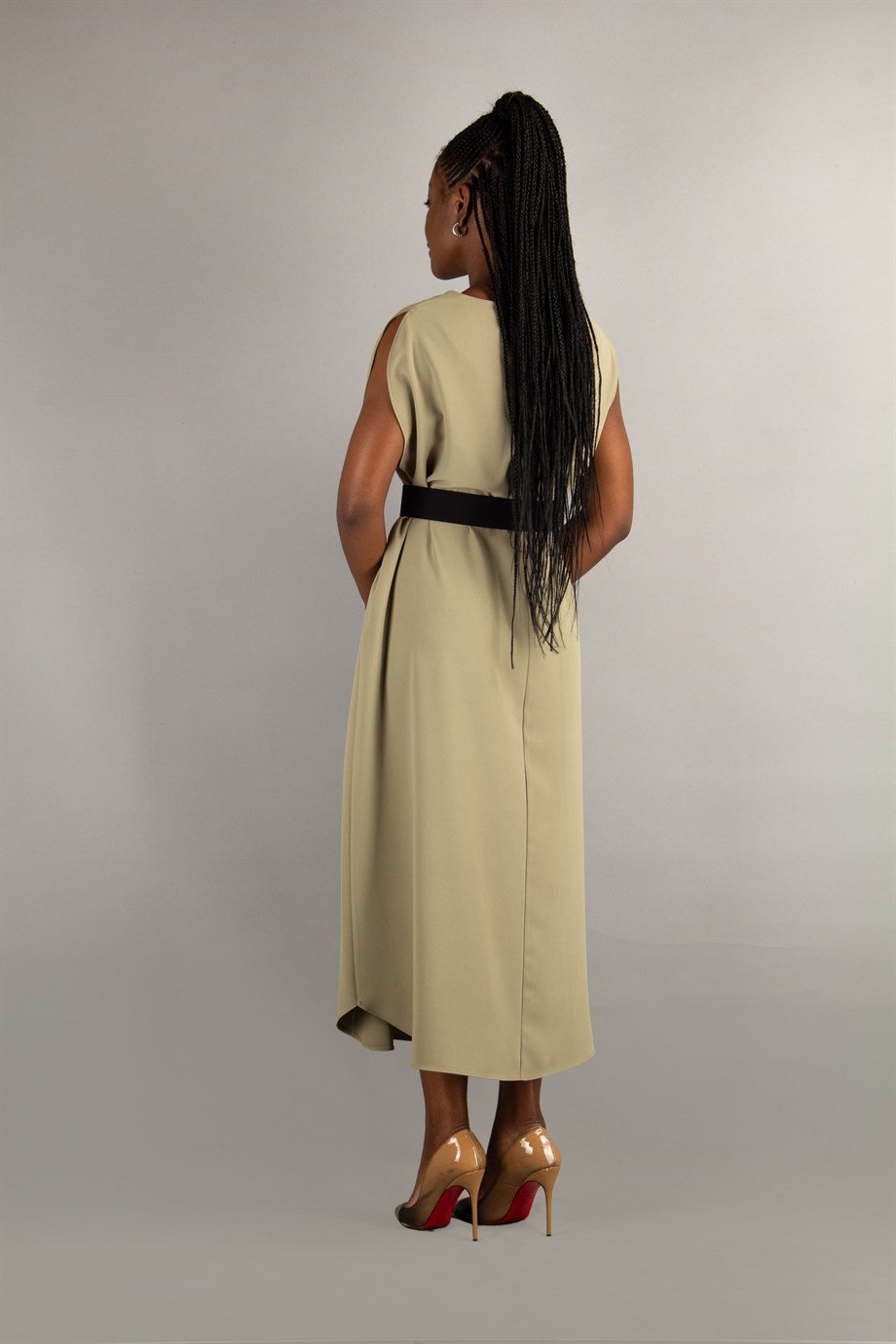 Sleeveless Long Big Size Dress With Belt - Olive Green