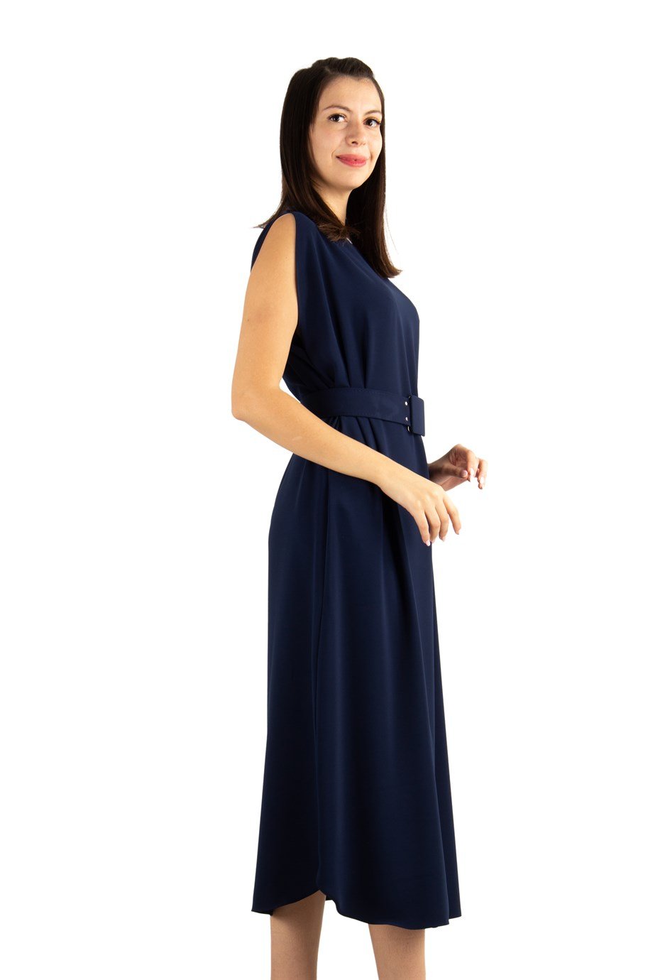 Sleeveless Long Big Size Dress With Belt - Navy Blue
