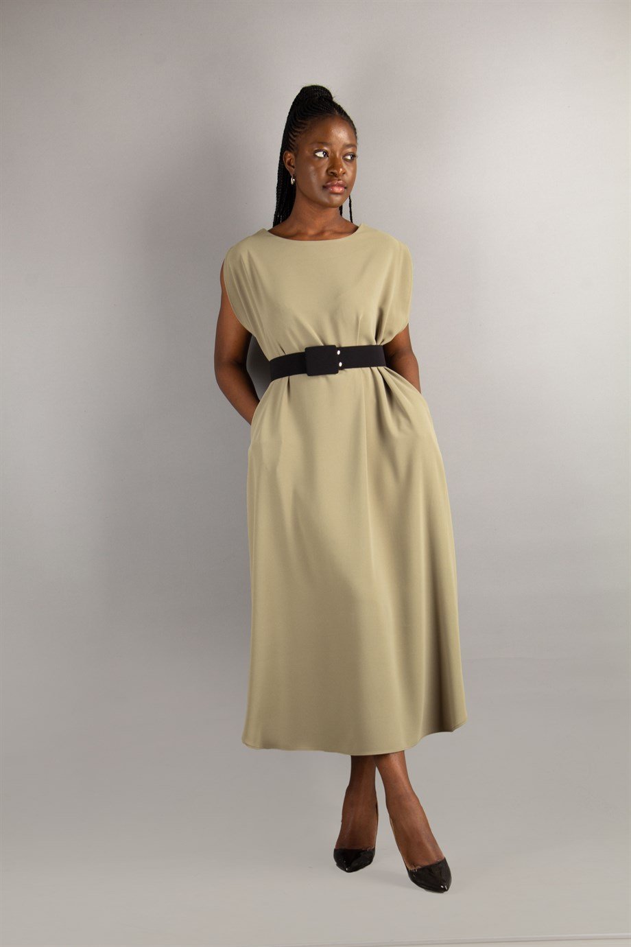 Sleeveless Long Big Size Dress With Belt - Olive Green