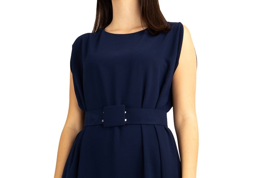 Sleeveless Long Big Size Dress With Belt - Navy Blue