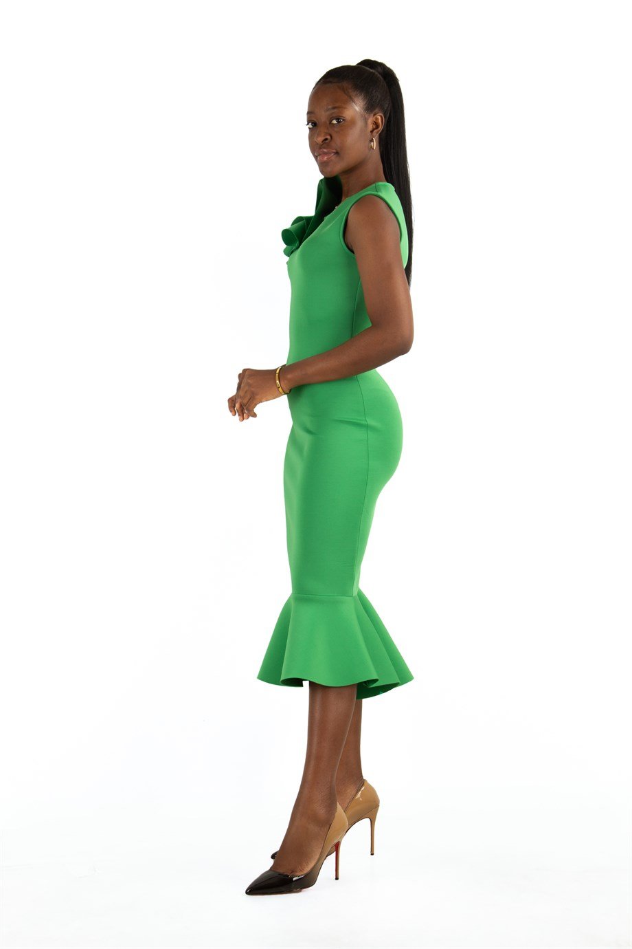 Sleeveless Scuba Dress With Flower Brooch - Grass