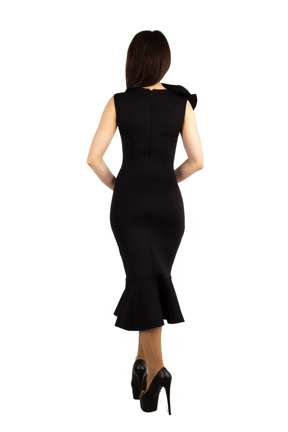 Sleeveless Scuba Dress With Flower Brooch - Black