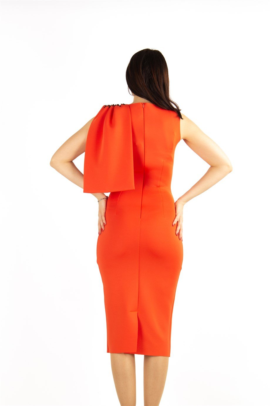 Sleeveless Stone Bow Detail Shoulder Scuba Dress - Orange
