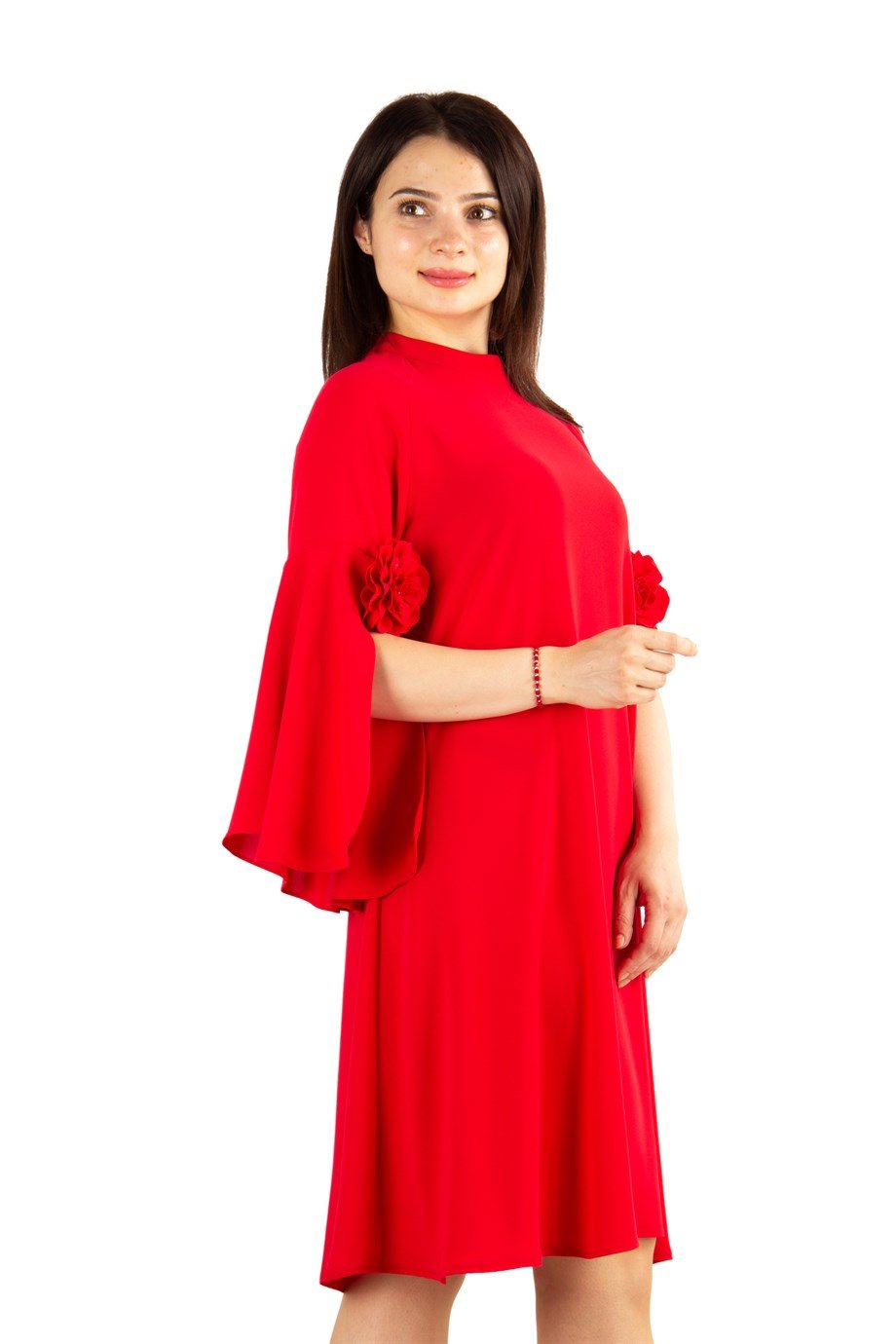 Slit Sleeve Big Size Dress with Rose Detail - Red