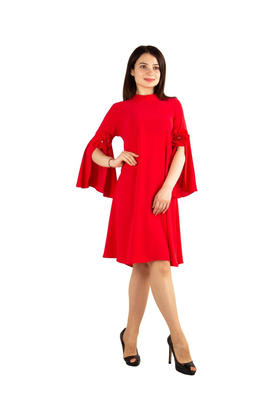 Slit Sleeve Big Size Dress with Rose Detail - Red