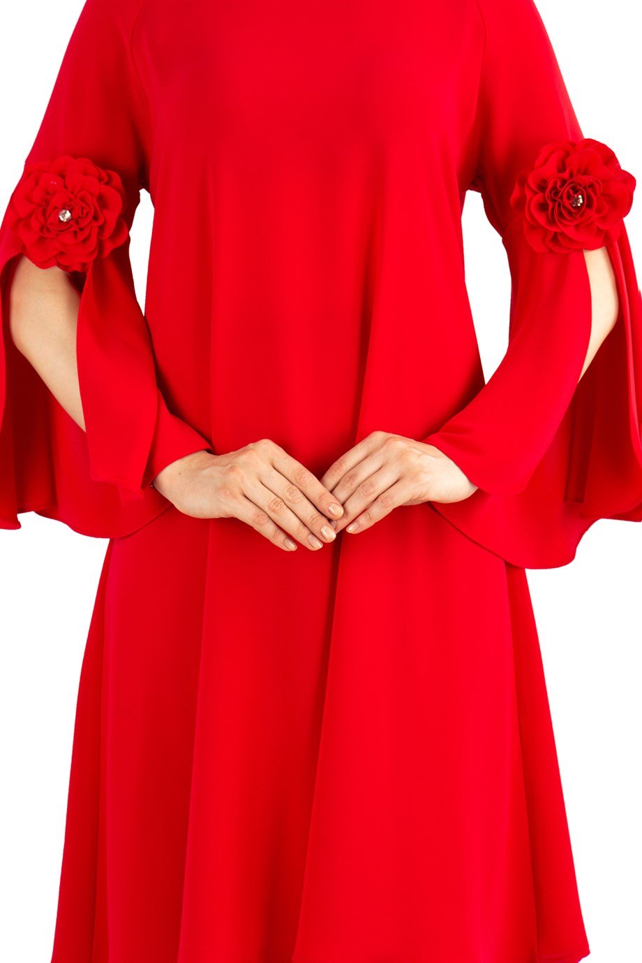Slit Sleeve Big Size Dress with Rose Detail - Red