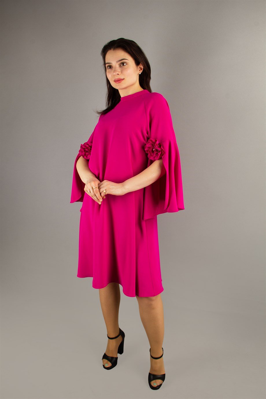 Slit Sleeve Dress with Rose Detail - Fuchsia