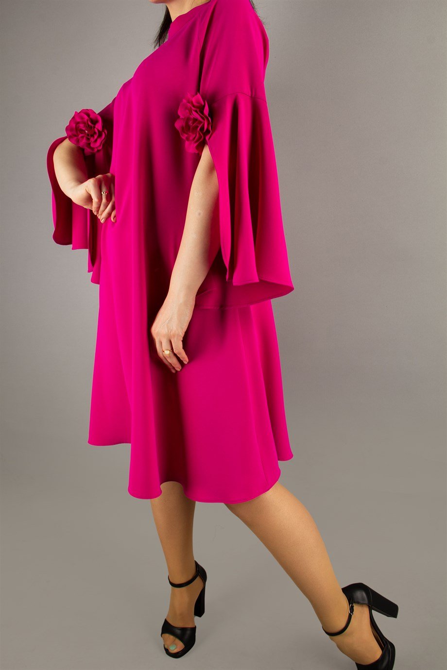 Slit Sleeve Dress with Rose Detail - Fuchsia