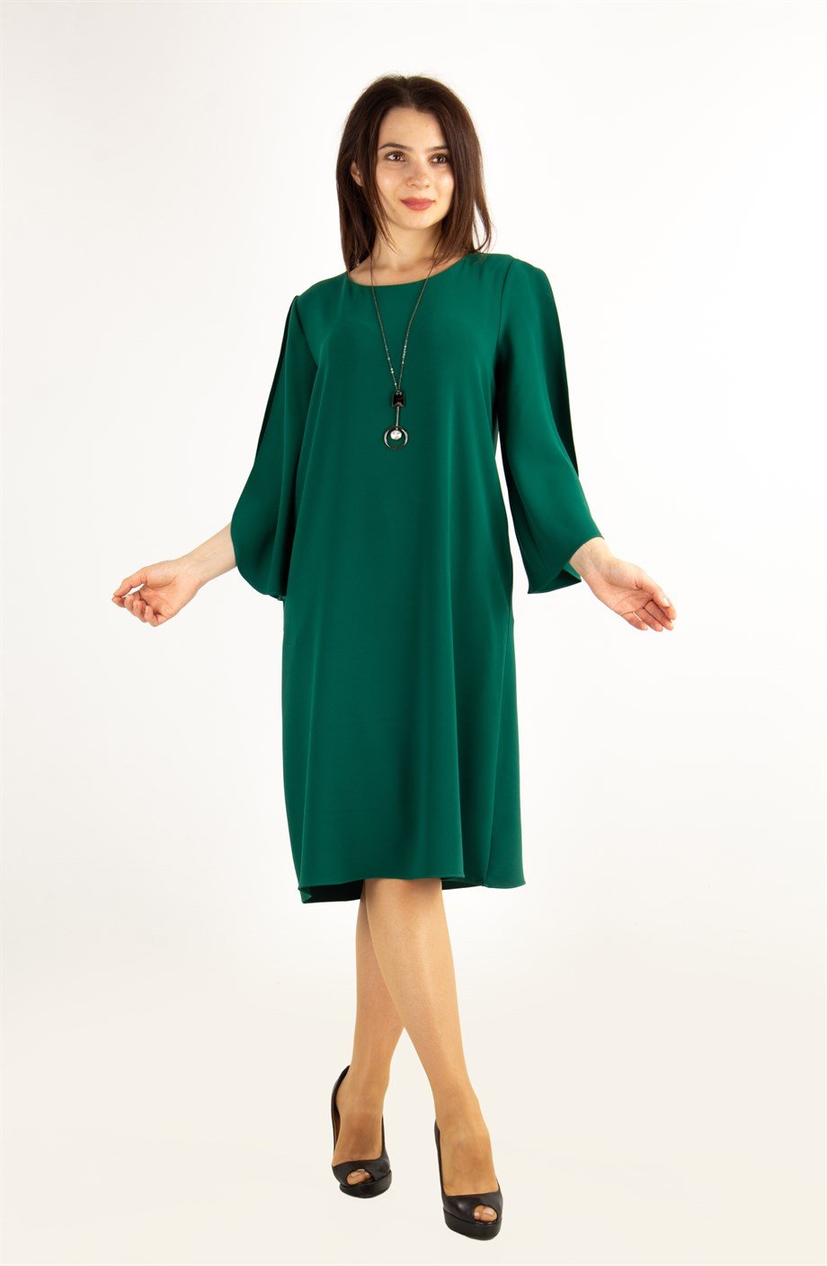 Slit Sleeve Elegant Plain Big Size Dress - Emerald Green
