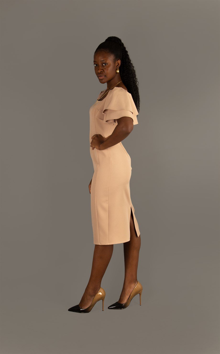 Square Neck Frill Sleeve Dress - Beige