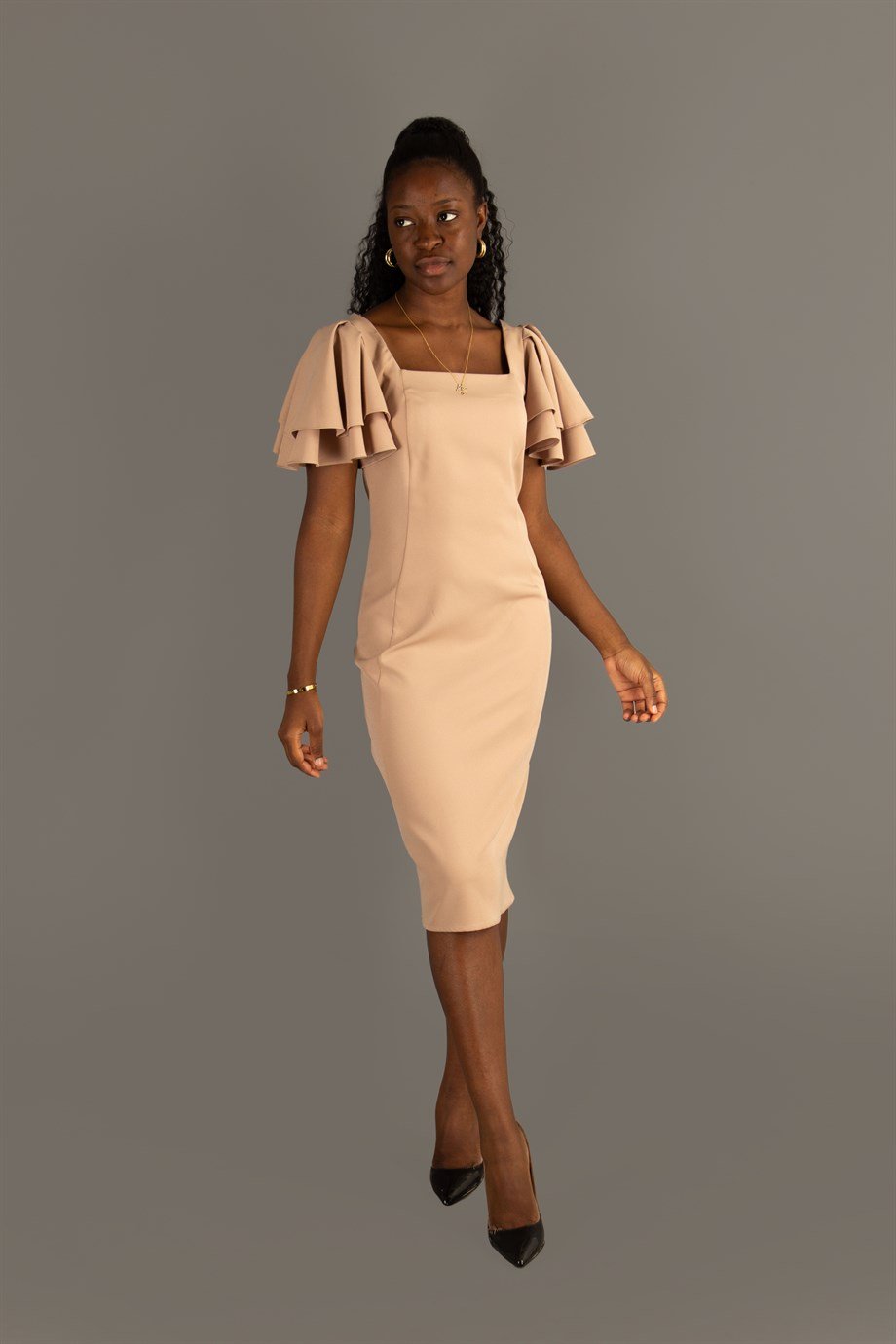 Square Neck Frill Sleeve Dress - Beige