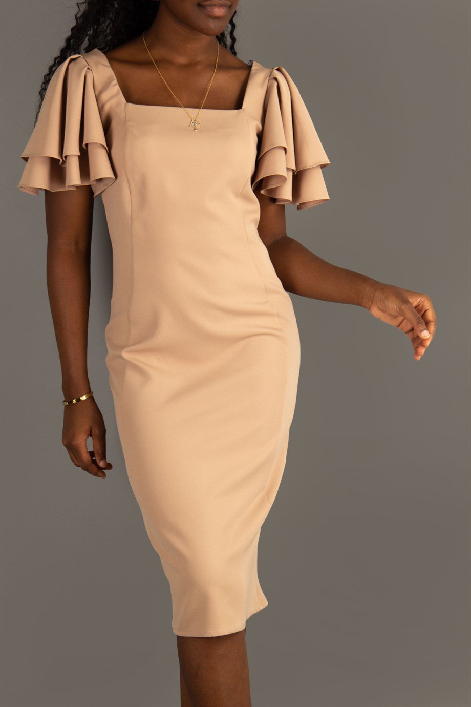 Square Neck Frill Sleeve Dress - Beige