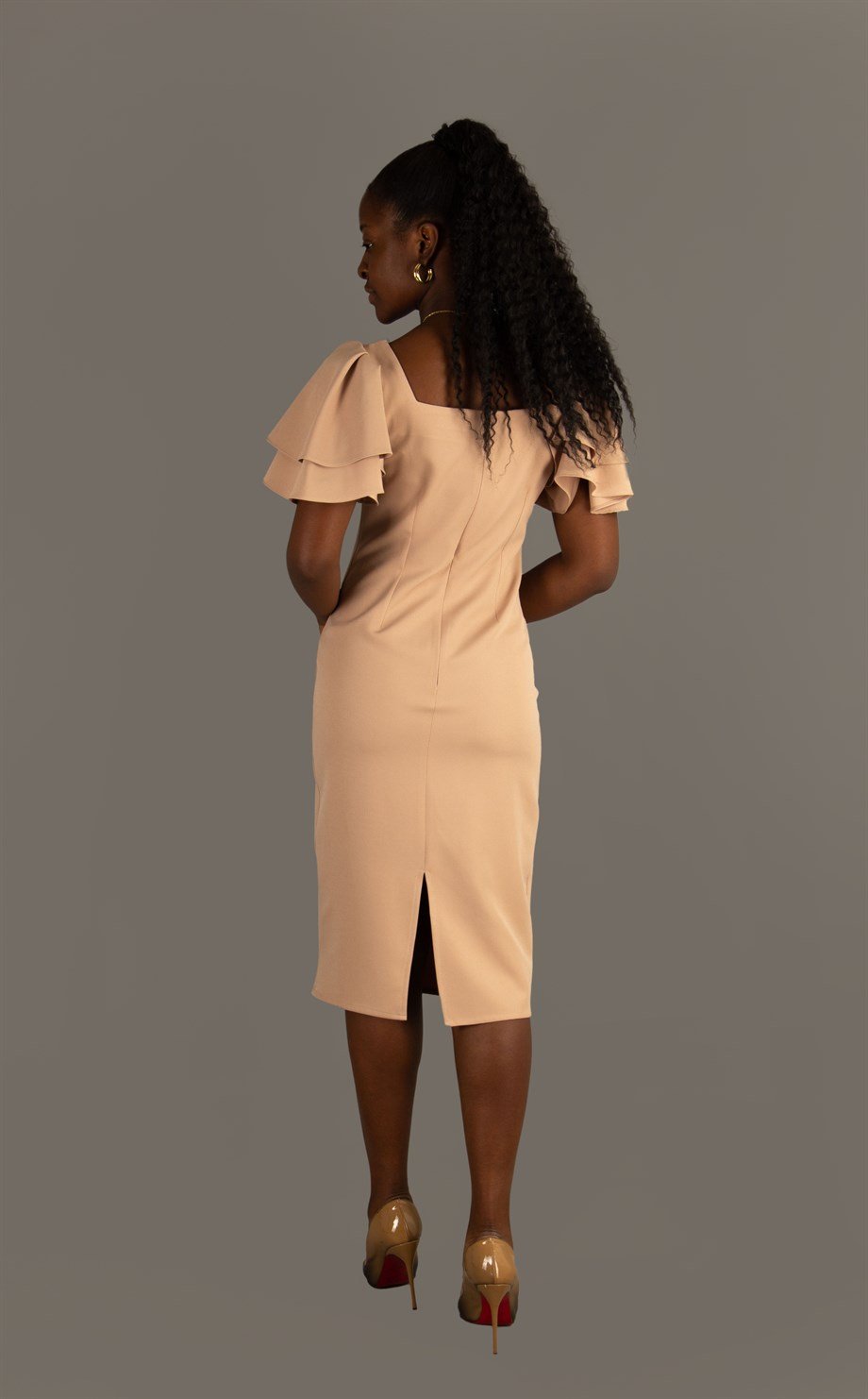 Square Neck Frill Sleeve Dress - Beige