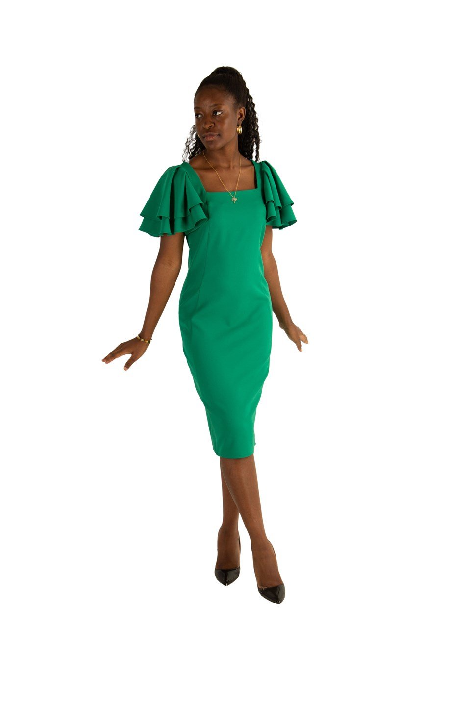 Square Neck Frill Sleeve Dress - Grass Green