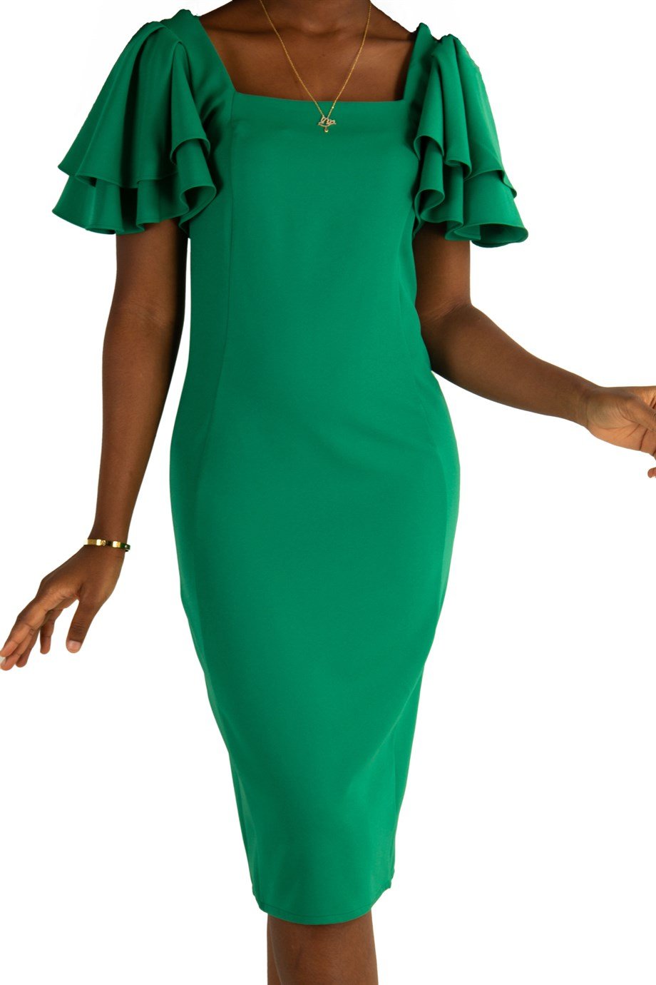 Square Neck Frill Sleeve Dress - Grass Green