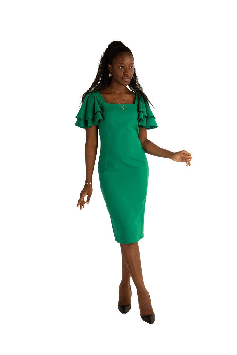Square Neck Frill Sleeve Dress - Grass Green