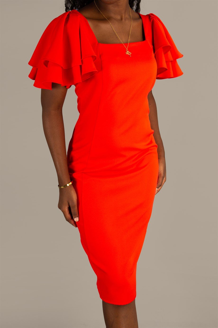 Square Neck Frill Sleeve Dress - Orange