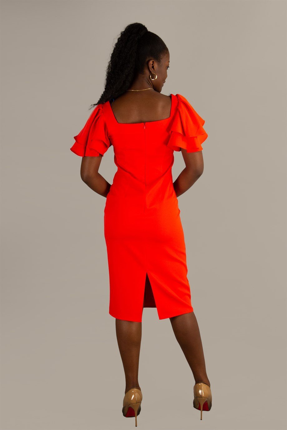 Square Neck Frill Sleeve Dress - Orange