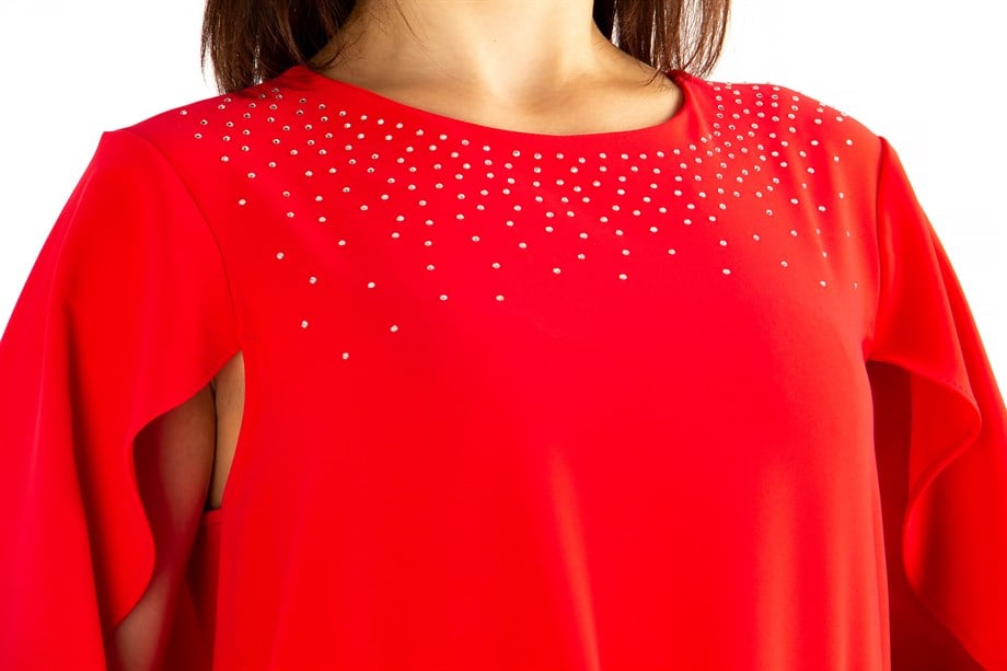Stone Detail Cape Big Size Dress - Red