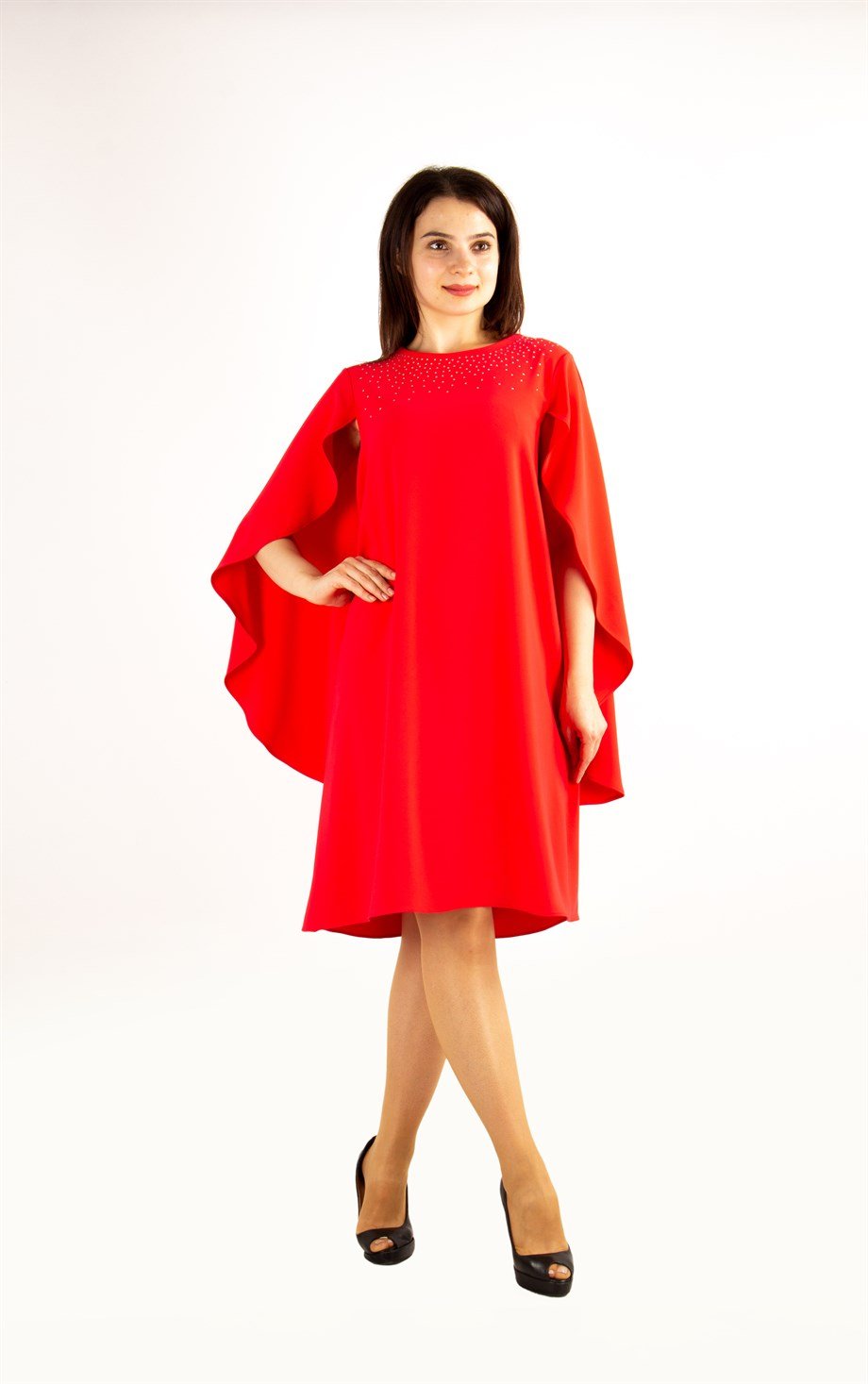 Stone Detail Cape Big Size Dress - Red