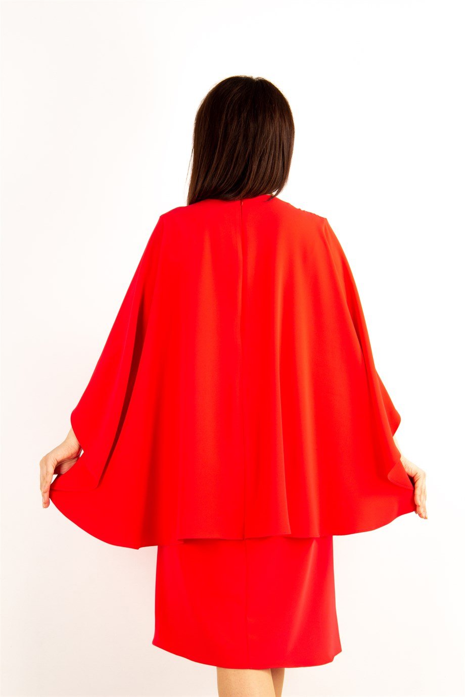 Stone Detail Cape Big Size Dress - Red
