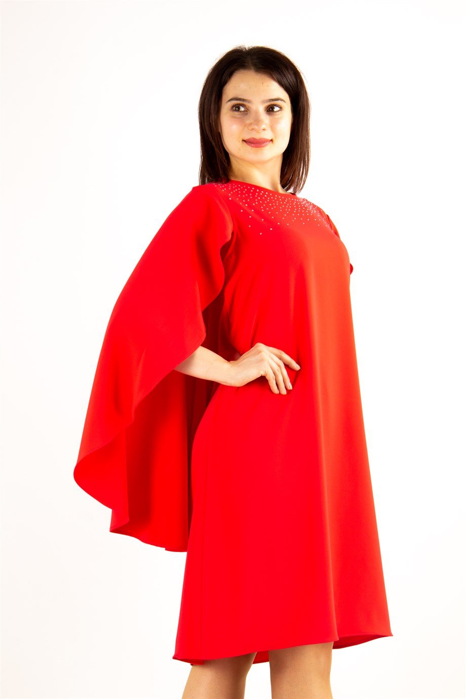 Stone Detail Cape Big Size Dress - Red