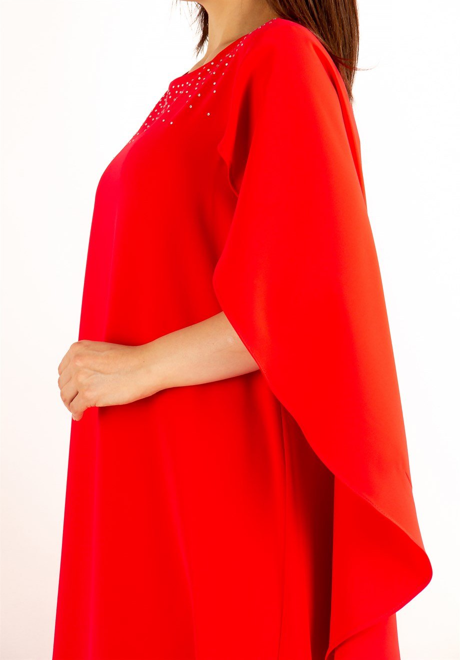 Stone Detail Cape Dress - Red