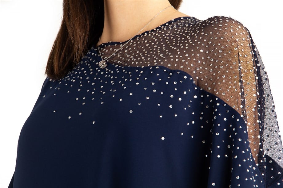 Stone Detailed Maxi Dress - Navy Blue
