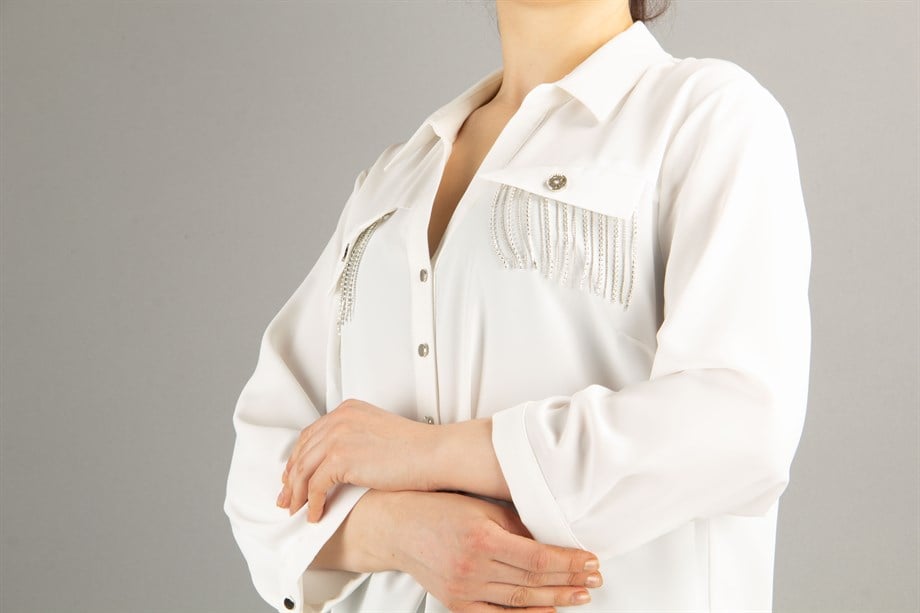 Stone Detal Pocket  Big Size Shirt - White