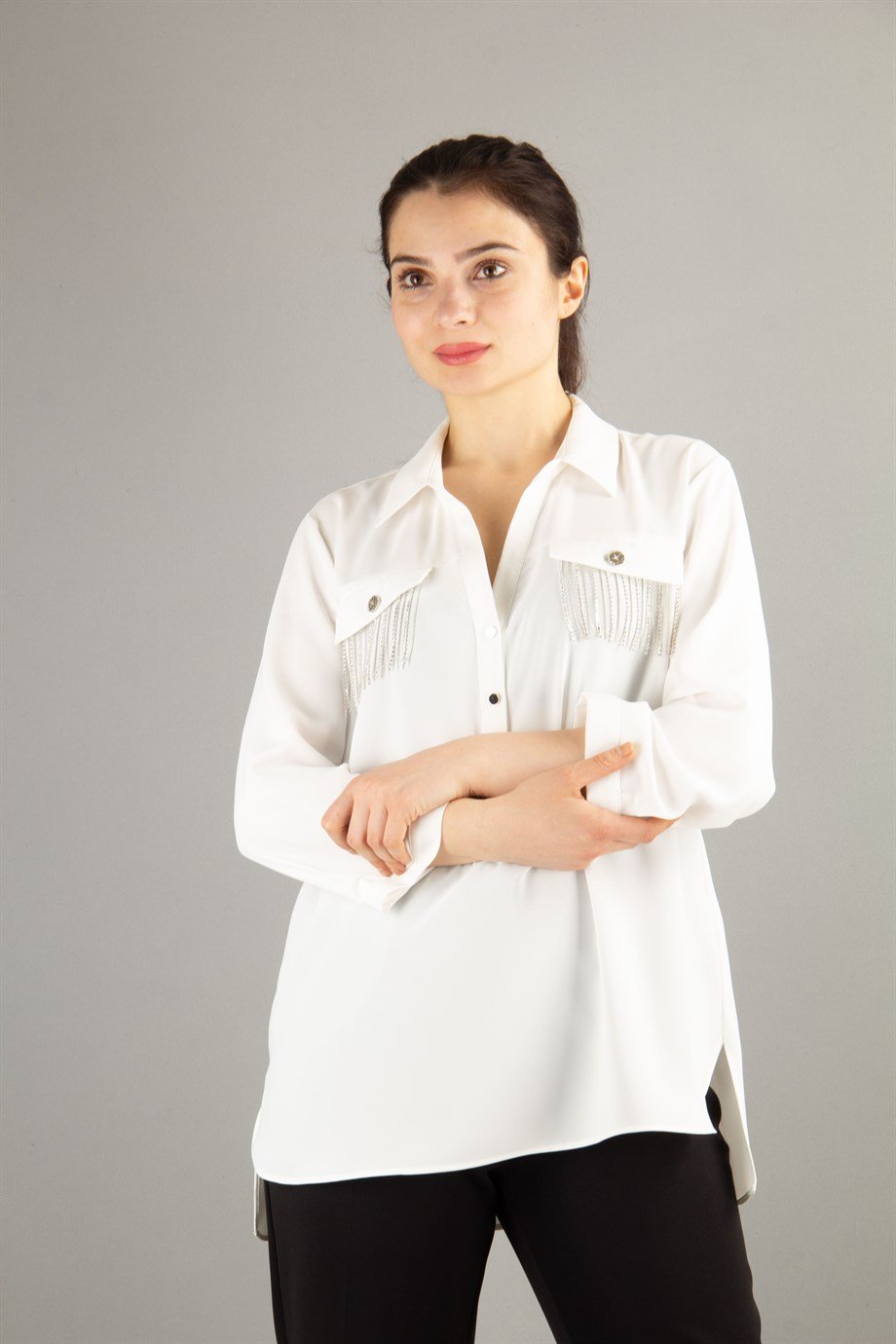Stone Detal Pocket  Big Size Shirt - White