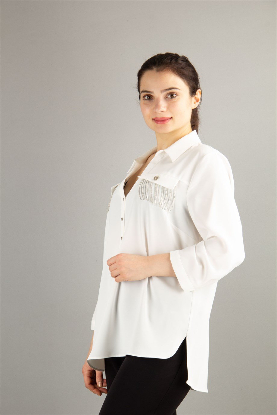 Stone Detal Pocket  Big Size Shirt - White