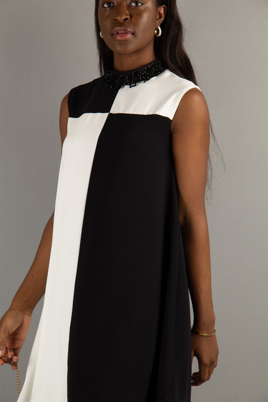 Stone Neck Sleeveless Big Size Dress - White/Black
