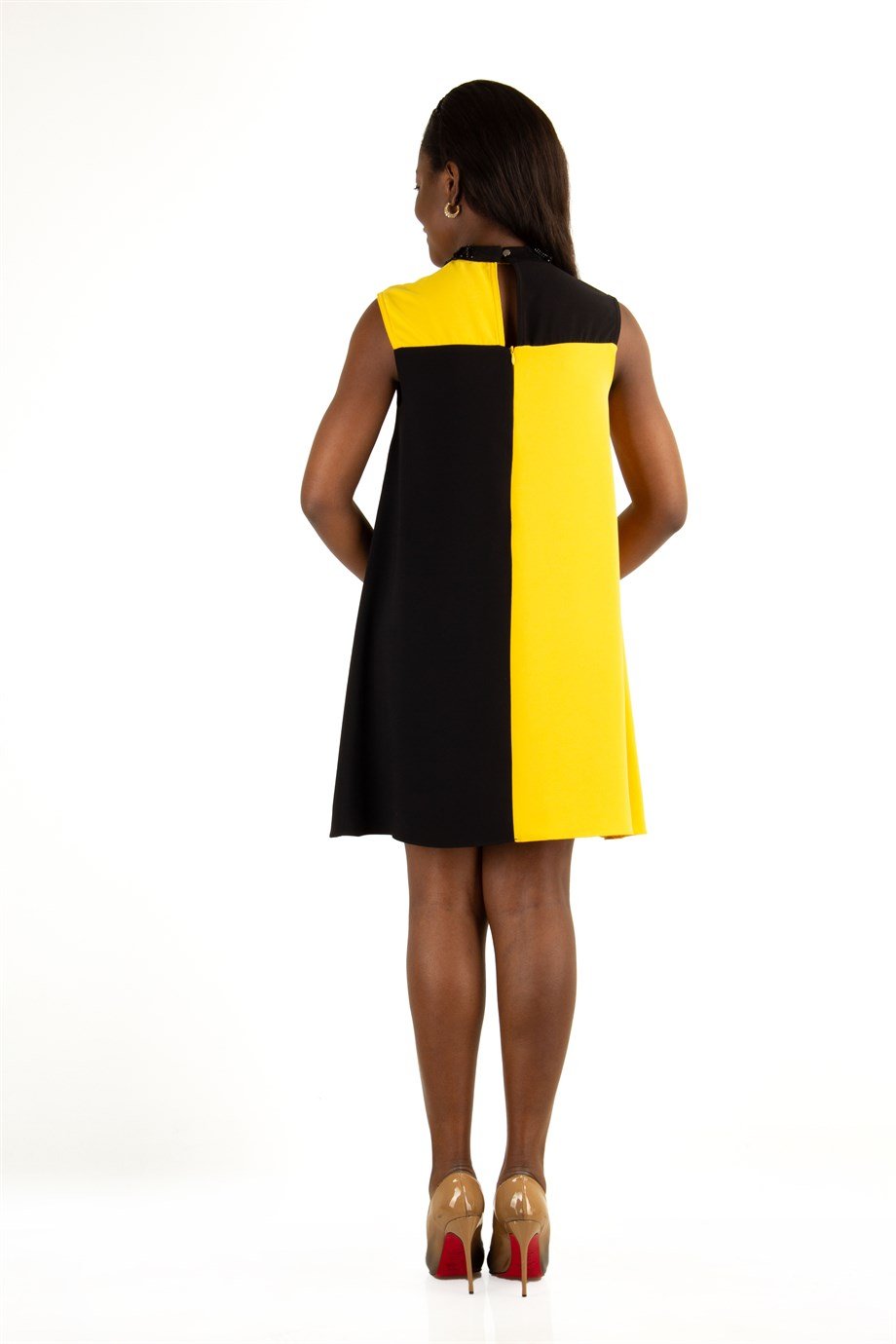 Stone Neck Sleeveless Big Size Dress - Yellow/Black