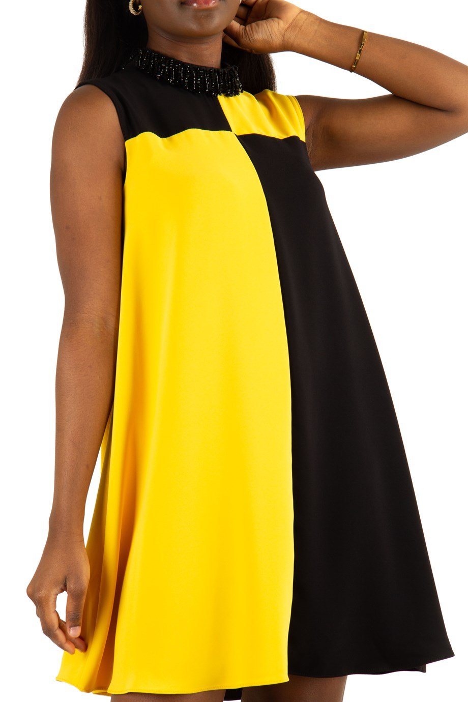 Stone Neck Sleeveless Big Size Dress - Yellow/Black